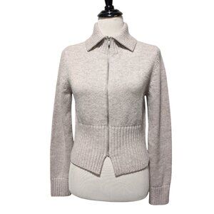COS Womens Sz S Beige 100% Wool Full Zip Crop Foldover Collar Cardigan Sweater